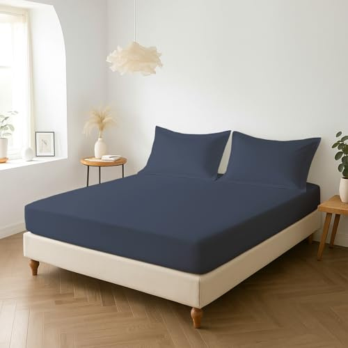 Pizuna Percale Fitted Sheet King Size 150x200 cm with 2 Pillowcases | Dark Blue 100% Long Staple Cotton Crisp Percale Weave 40 Cm Deep Fitted Sheet