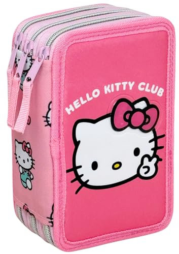 Clondo Federmäppchen 3-Fach – 44-teilig gefüllt – für Hello Kitty Fan – mit Filzstiften, Buntstiften, Lineal – Rosa – Schulmäppchen & Geschenk für Mädchen