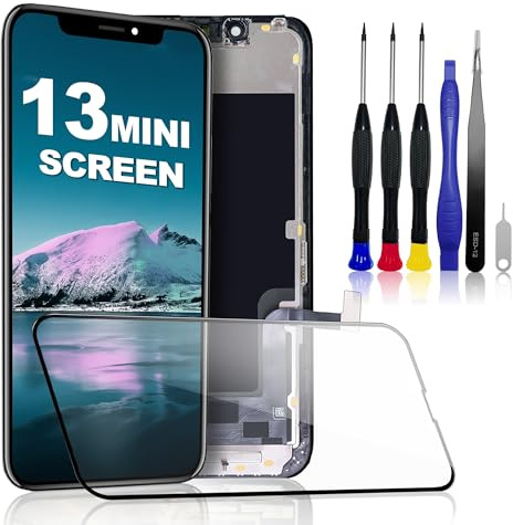 PartageFix Pantalla para iPhone 13 Mini – Kit de Sustitución Pantalla LCD FHD 5,4 + Digitalizador Táctil + Marco – Compatible con Modelos A2628/A2481/A2626/A2629/A2630 (True Tone Programable)