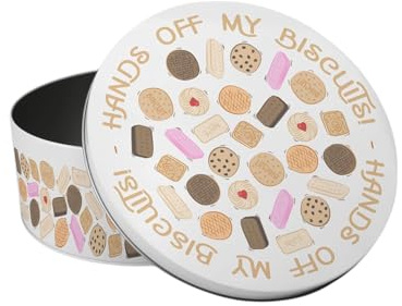 Purely Home Hands Off Novelty Cake Tin - British Biscuits Food Themed Gifts - Small Round Metal Storage Container for Baking 18 x 7cm