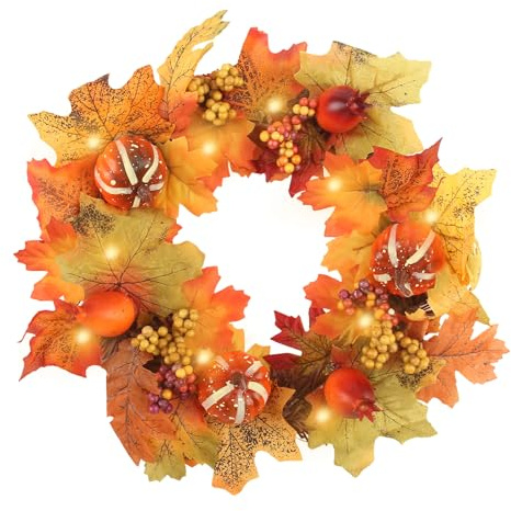 CYIOU 35 cm Türkranz Herbstdeko Hängende Herbstkranz Haustür | Autumn Door Wreath mit Künstlicher Kleine Kürbis Beeren Ahornblattreben für Erntedankfest Halloween Weihnachten Hochzeit