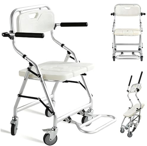 AOCAY Sedia Doccia Pieghevole con Ruote per Anziani, Portata 120 kg | Sedile Bagno Pieghevole con Schienale e Braccioli, Struttura Antiscivolo in Alluminio, per Disabili e Mobilità Ridotta