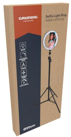 Grundig Selfie Ringlicht ⌀20cm - Einstellbares Stativ 210cm - 80 LED Handystativhalter Mit 3 Wärmestufen - Ring Light Flexibler Hals - USB Aufladbar - Schwarz