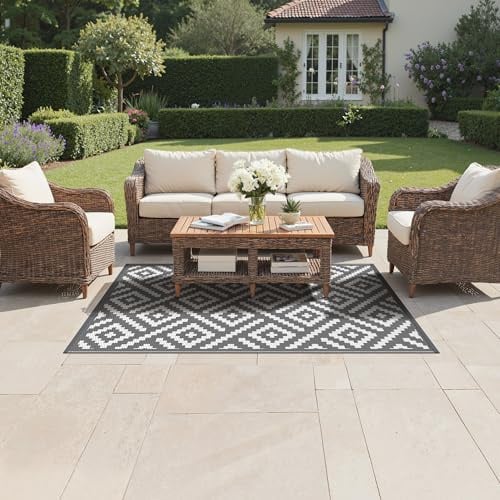 GENIMO Outdoor Teppich Wetterfest 120x180cm Plastik-Strohhalm Matte | UV-bestandig Camping Teppich Waschbarer Outdoor Teppiche fur Garten, Balkon,Pool, Deck, Hinterhof, Grau Weiß
