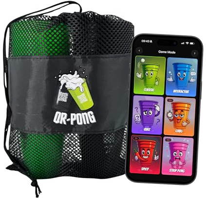QR-Pong Deluxe Paket – Bierpong Becher Set mit 22 Bechern, 24 Bällen, Kronkorkenpistole & Befüller, App mit 3.000+ Aufgaben, Trinkspiel Erwachsene, Beerpongbecher Hartplastik, Geschenk