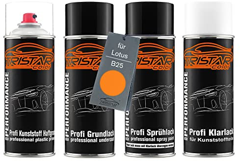 TRISTARcolor Autolack Spraydosen Set für Kunststoff Stoßstange für Lotus B25 Chrome Orange Perl Haftgrund Grundlack Basislack Klarlack mit Weichmacher Sprühdose