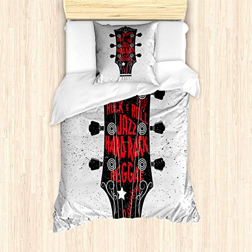 ABAKUHAUS Gitarre Bettbezug Set, Blues Pop Hard Rock, Milbensicher Allergiker geeignet mit Kissenbezügen, 135 cm x 200 cm - 80 x 80 cm, Vermilion Schwarz Weiß