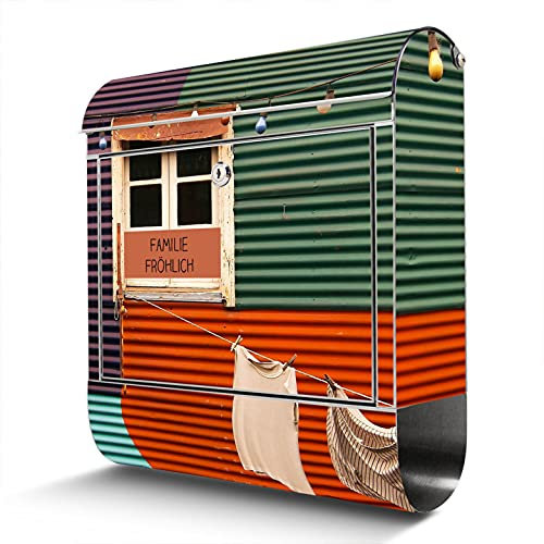 banjado® Briefkasten Edelstahl personalisiert mit Motiv Buntes Haus 38x43x12cm & 2 Schlüssel - rostfreier Edelstahl Briefkasten mit Zeitungsfach - Postkasten A4 Einwurf inkl. Montagematerial