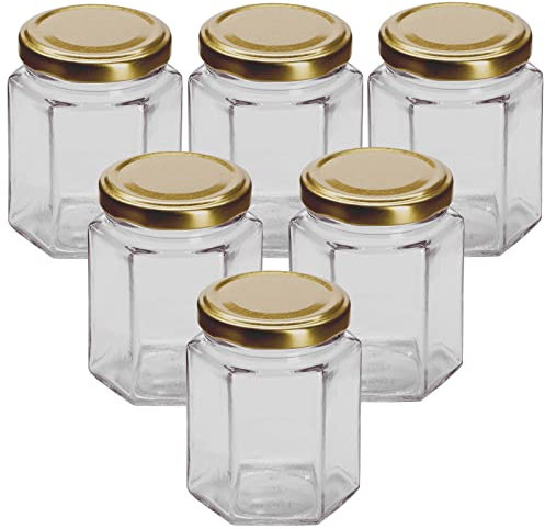 Balliihoo Homebrew Pack Of 6 x 12oz / 250ml Hexagonal Glass Food Jar With Gold Twist Off Lids