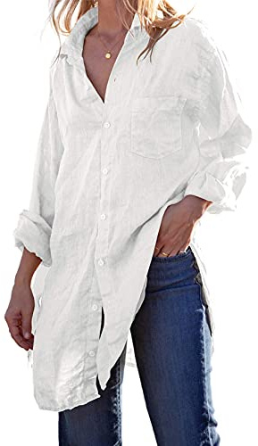 Runcati Womens Button Down Shirts Linen Cotton Long Sleeve Blouse Tunic Tops Cover Up Shirt Loose Beach Bikini Dress