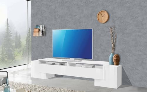 Dmora - TV-Schrank James, niedriges Wohnzimmer-Sideboard, Fernsehständer-Basis, 100 % Made in Italy, 210 x 45 x 45 cm, glänzendes Weiß,