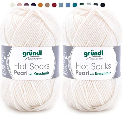theofeel Set | 2x50g Merino Sockenwolle mit Kaschmir | Gründl Hot Socks Pearl 01 natur wollweiß | Strumpfwolle mit Kaschmirwolle | Cashmere Sockengarn zum Stricken oder Häkeln