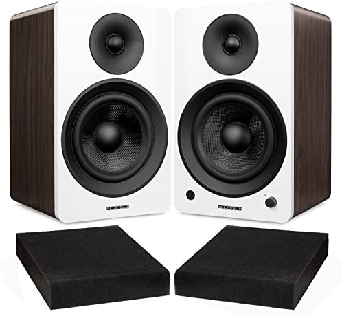 Fluance Ai61 White Walnut Powered 2.0 Stereo Bookshelf Speakers with 6.5 Drivers, 120W Amplifier for Turntable, TV, PC and Bluetooth 5 and High Density Acoustic Foam Isolation Pads 10 x 7.5