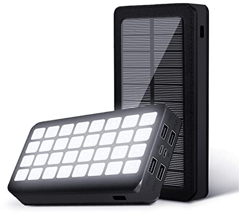Luqeeg 32LEDs Solar Power Bank, 30000 MAh Tragbares Telefonladegerät mit 4 USB-Anschlüssen und 3 Lichtmodi, Schwaches und Starkes Licht, SOS für Hilfe, Externer Akku für Outdoor-Camping-Angeln
