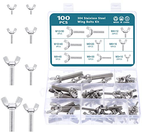 HSEAMALL 100PCS Stainless Steel Wing Bolt Set, M3-M12 Butterfly Wing Screws Thumb Hand Screws for Machinery Equipment