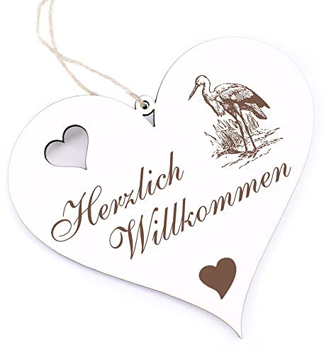 Herzlich Willkommen Schild - Storch - Deko Herz Holz Willkommensschild Türschild Dekoschild Türdeko