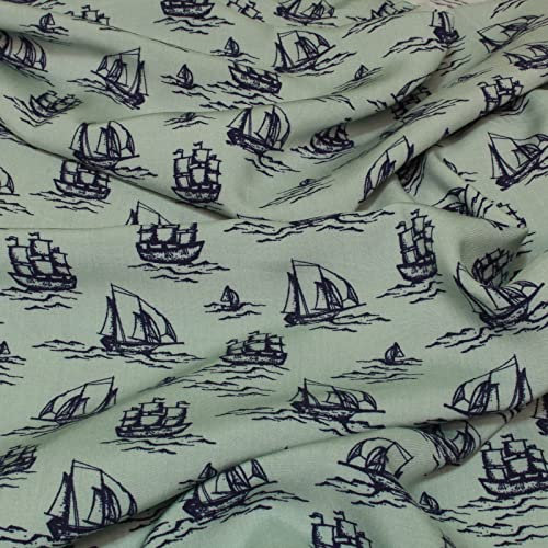 Stoff Meterware Segelschiffe Viskose - 1 Meter, Kinderstoff, Meer, Ozean, Maritim, Boote, Bekleidung, Bluse, Schal, Tuch, Deko, Nähen, DIY (Mint Grün)