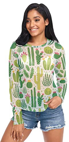 Anantty Damen Langarmshirt Tropisch Kaktus Kakteen Druck Long T-Shirt Langarm Top Rundkragen Oberteile Shirt Tunika Bluse Top