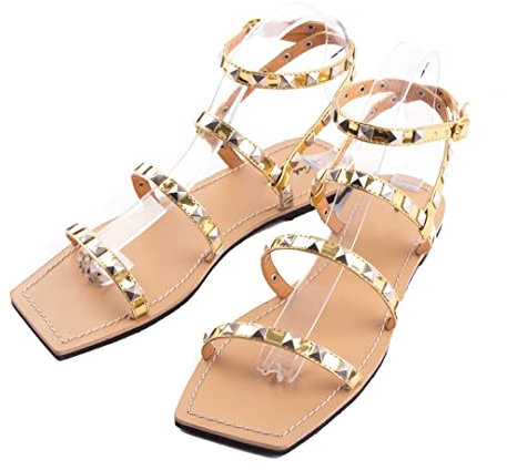 Mkjuuior Damen Sandalen mit quadratischem Zehenbereich, flache Sandalen, Sommer, Punk-Nieten, Power-Strandschuhe