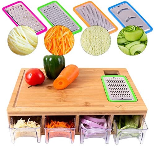 Vencier Bamboo Chopping Board with 4 BPA Free Plastic Drawer/Trays with Lids Kitchen Set-100% Natural Robust Bamboo Wood-Wooden Chopping Boards Cutting Board/Chopping Board Set, (148VR)