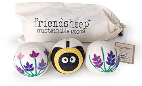 Friendsheep Woll-Trocknerbälle, 3 Stück, XL, Bio-Premium, wiederverwendbar, tierversuchsfrei, handgefertigt, Fair Trade, kein Fusseln, Weichspüler, Lavendelfelder, Bienenblume