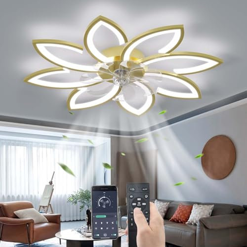 Muto Ventilatore da soffitto con luce con telecomando, LED Dimmerabile Lampada da soffitto Moderno Illuminazione per Soggiorno Camera da letto, Regolabile 6 velocità, Oro 90CM