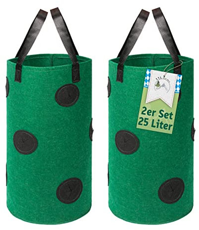 TTL Garden 2X 25L Pflanzsack hängend oder stehend - 2er Set große 25 Liter Vlies Pflanzentasche Erdbeer Ampel Pflanzturm Pflanzbeutel mit 10 Pflanz Löchern für Erdbeeren Kräuter & Blumen - grün