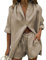 Completo Donna 2 Pezzi in Lino e Cotone Set Camicia Allentato con Bottoni Pantaloncini Corti a Vita Alta Eslatica con Coulisse Estivi Casual Spiaggia Lavoro Vacanza (Cachi, XL)