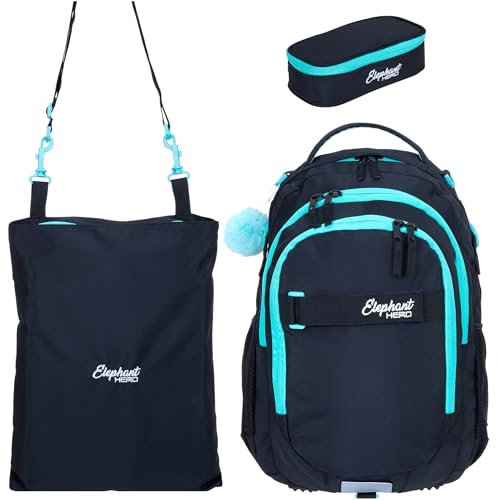 Elephant Schulrucksack 3 Teile Set Hero Signature Jungen Mädchen Rucksack Mäppchen Box Sportbeutel Attach Bag rtmb (Tiff Türkis 13015 Türkis Black)