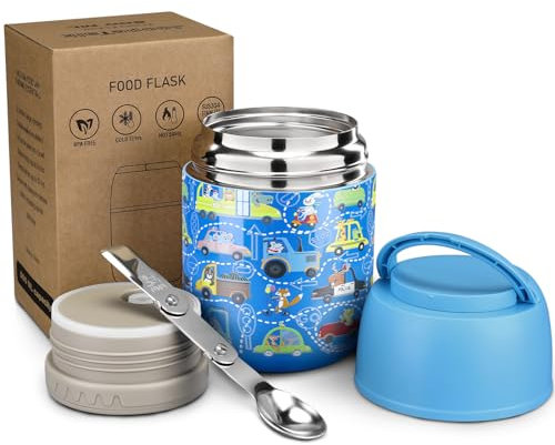 Isolierte Lunchbehälter für heiße Speisen, breite Öffnung, Thermobehälter für Kinder und Erwachsene, Vakuum-Edelstahl-Lunchbox mit Griff, Klapplöffel für Schule, Büro, Blau, Auto, 482 ml