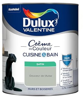 Dulux Valentine Peinture Intérieure Crème de Couleur Cuisine et Salle de Bain - Pièces Humides Murs et Boiseries - Résistant aux taches et à l'humidité - Satin Douceur de l'Aube 0,75 L
