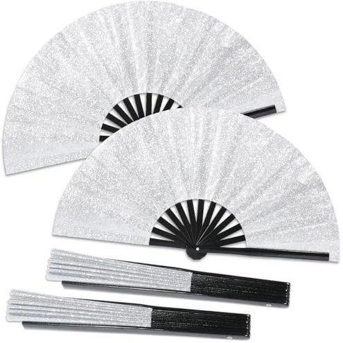 Qyeahkj Glitter Large Folding Hand Fan Silver Handheld Fan Rave Clack Hand Fan for Men Women Retro Fabric Fan Chinese Tai Chi Kung Fu Fan Decorative Folding Fan for EDM Club Party Dance Performance