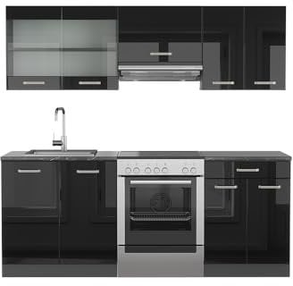 Vicco Küchenzeile R-Line, Schwarz Hochglanz/Anthrazit, 200 cm ohne Arbeitsplatte