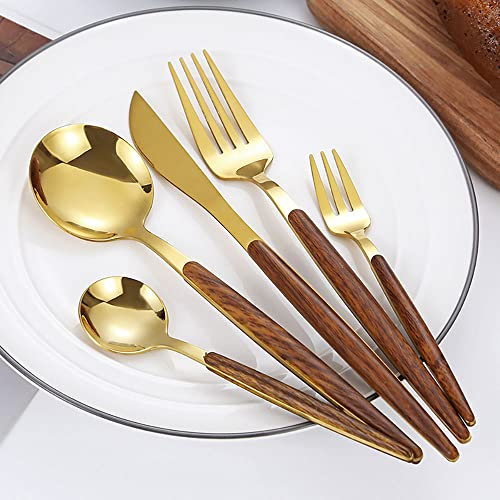 Juego de cubiertos dorados de 60 piezas para 12, juego de cubiertos con mango de clip de madera de imitación de acero inoxidable, juego de cubiertos pulidos con espejo, juego de utensilios de cocina