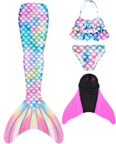 Pyjacos meerjungfrauenflosse mädchen Badeanzug - Meerjungfrau Flosse Bademode mit Bikini Set und Monoflosse Mermaid Tail, 4 Stück Set,FenM24-110