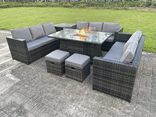 FMSGarden Outdoor Rattan Garden Furniture Gas Fire Pit Dining Table Gas Heater Sets Side Table Small Footstools Dark Mixed Grey 11 Seater