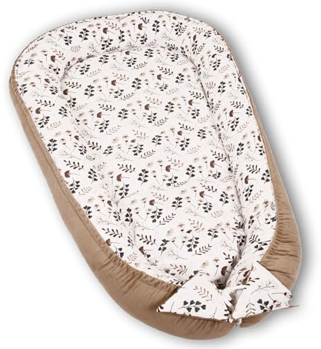 PaLulli Kuschelnest 2-seitig Babynest Babynestchen Baby Nest Nestchen Reisebett Wickelauflage Kuschelbett, Kokon Kokon für Babybett - Babys und Säuglinge, 100% Baumwolle Oeko TEX (Beige Pflanzen)