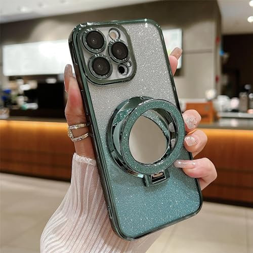 Bakicey Hülle für iPhone 11 Pro Max,Spiegelhalter Kompatibel mit Mag-Safe TPU Handyhülle Glitzer Durchsichtig Schutzhülle Süße Luxuriös Kratzfest Case Cover für iPhone 11 Pro Max,Farbverlauf Grün