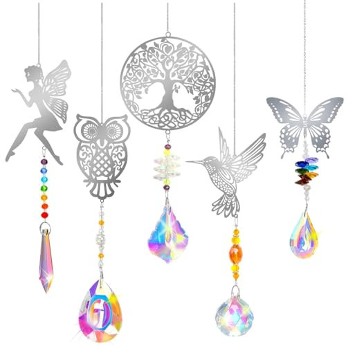 5 Piezas Atrapasoles Colgante de Cristal árbol Búho Colibrí Mariposa Hada Atrapasueños de Viento,Atrapasol de Cristal,Prisma Cristal Colgante Decoración de Colgante para Ventanas Jardín
