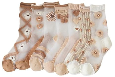 Alxad Socquettes Transparentes Vintage en Maille Broderie Fleur - Chaussettes Fines d'été Fantaisie pour Femmes et Filles - 5 Paires