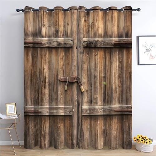 CozyRest Vorhang Blickdicht ösen 2er Set Alte hölzerne Scheunentür Muster Gardine Lichtundurchlässig Fenstervorhang Wohnzimmer Landhausstil Vorhänge Größe: H 214 x B 91.5 cm