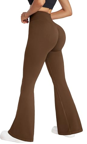RXRXCOCO Damen High Waist Schlaghose Yoga Hose Flared Leggings Bootcut Hose Push Up Scrunch Booty Lang Sporthose Laufhose Brown L