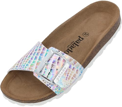 Palado Damen Pantoletten Malta EGS Mosaic – elegante Sandalen Made in Spain - bequeme Hausschuhe mit Kork-Fußbett - modische Sommerschuhe Silber UK4,5 - EU37