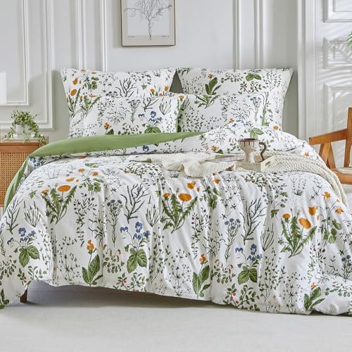 Lekesky 200 Thread Cotton King Size Duvet Cover Sets White Bedding Set, Printed Orange Floral and Plants King Size Duvet Cover with Pillowcases Zip Closure, Duvet Cover 230x220 cm, White/Printed