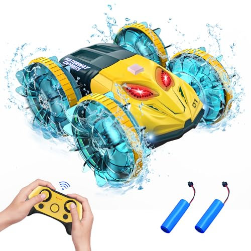 Toyone Amphibienfahrzeug Ferngesteuertes Auto RC Car Weihnachten Geburtstags Geschenke 360° Drehung, Doppelseitiges Fahren, Bunte Lichter, Outdoor&Indoor All-Terrain Kinder Spielzeug(Gelb)