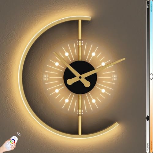 LOGT Wanduhr, Wandpendel Moderne LED Innen Runde Wandlampe Gold mit Fernbedienung Dimmende Uhr-Wandleuchte, Wanduhren Tickt Nicht Geräuschloses Nachttisch lamp Wand Deko für Wohnzimmer Schlafzimmer