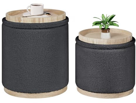 Bonlife Round Grey Ottoman with Storage Set of 2,Makeup Vanity Stool Chair,Ottoman Coffee Table for Living Room,Bedroom,Dining Room,39x39x44cm