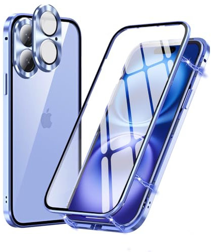 MIMGOAL Hülle für iPhone 16 Hülle,Magnetische Adsorption Metallrahmen 360 Grad Full Body Handyhülle Vorne hinten Gehärtetes Glas Schutzhülle Einteiliges Ultra Dünn Flip Transparente Cover, Ultramarin