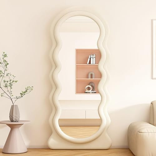 Miroir sur Pied, 160 x 60cm Grand Miroir Mural Onduléen en Bois enveloppé de Flanelle, Miroir Pleine Longueur pour Suspendu, Salon, Chambre, Entrée (Beige)