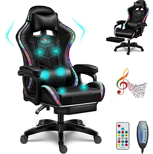 Bluetooth Gaming Chair with Speakers,Comfortable LED Light Massage Ergonomic Video Chair with Footrest PC Chairs for Office Chair Gaming with Headrest and Lumbar Pillow